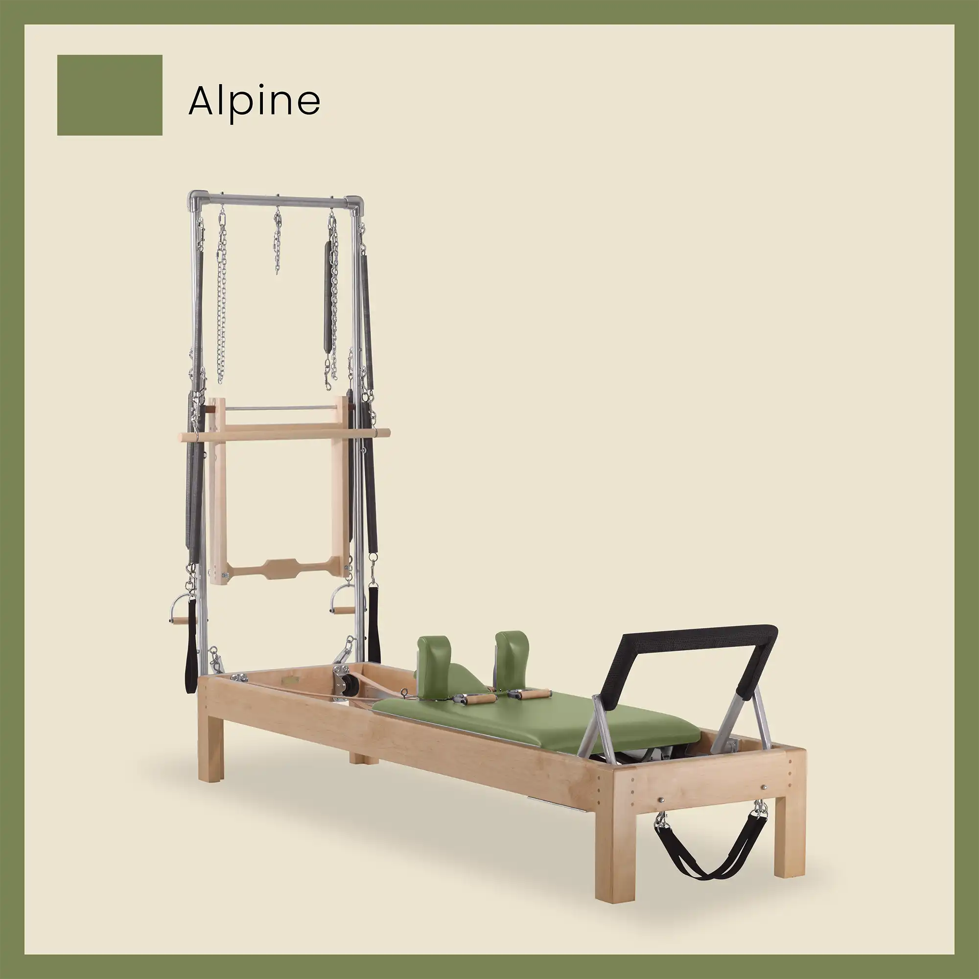 Pilates reformer with attachments on a beige background, labeled 'Alpine'.