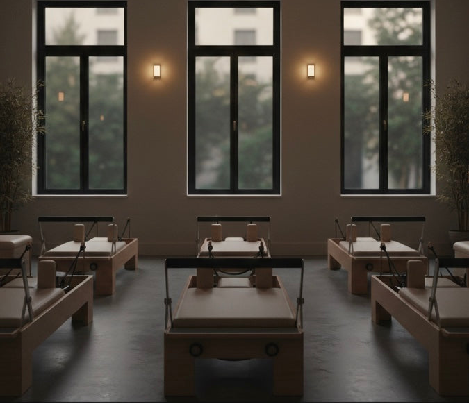 Image of a high-end Pilates reformer setup in a home gym.