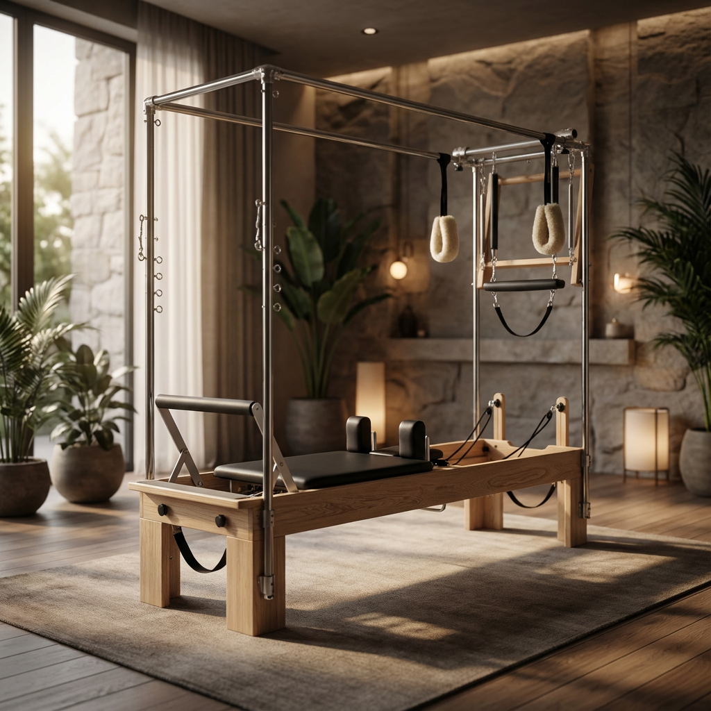 Peak Pilates reformer tower setup in an elegantly designed Minnesota home studio.