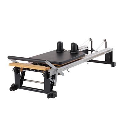 Pilates reformer machine components and design close-up.
