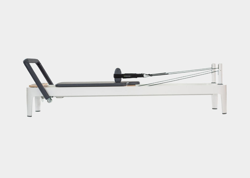 Side view of a Balanced Body aluminum Allegro reformer.