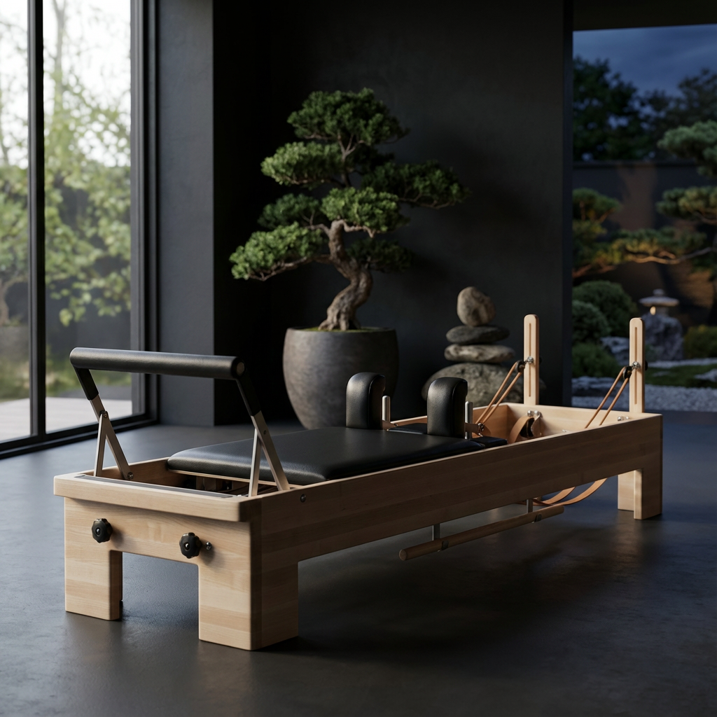 Heritage Pilates reformer with decorative items in a modern room in Minnetonka, MN