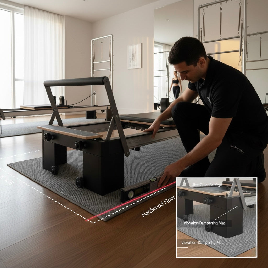 Reviewing hardwood flooring suitability for a Pilates reformer installation in a home.