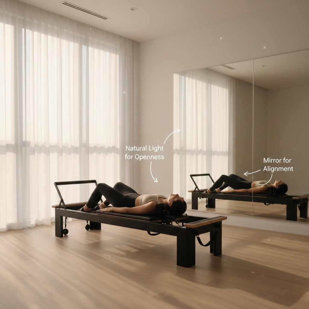 Studio lighting and interior design for a professional Pilates reformer space.