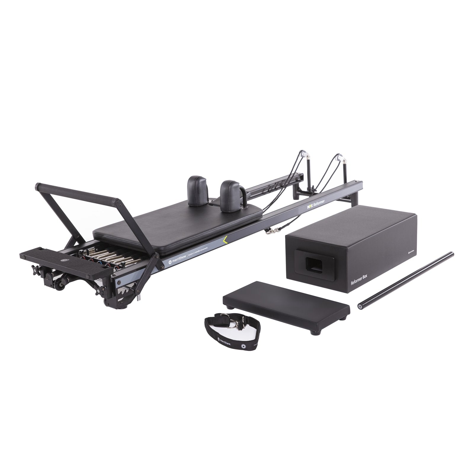 All-black Merrithew luxury Pilates reformer, sleek and modern design.