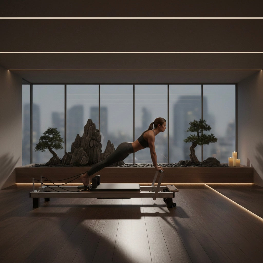 Woman exercising on a pilates reformer in a modern room in Minneapolis.