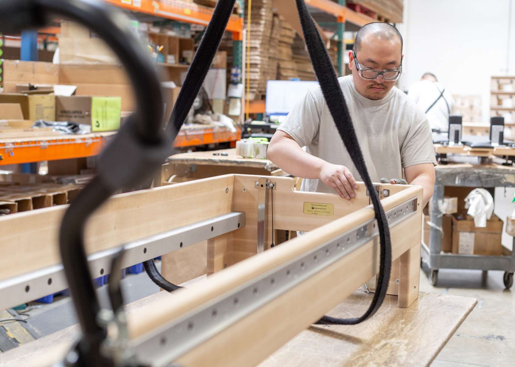 Balanced Body Allegro Nextgen reformer, pulley and spring connection detail.